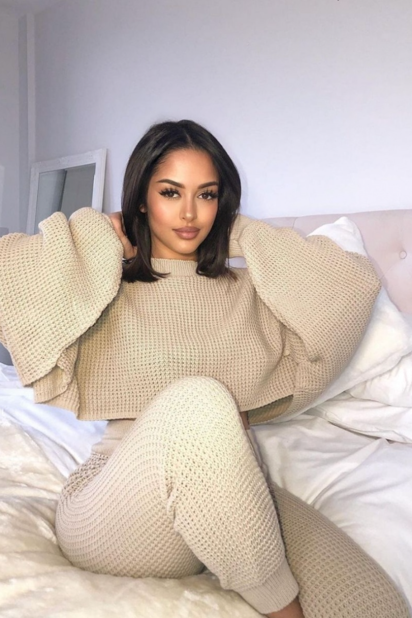 Beige Waffle Knit Lounge Set