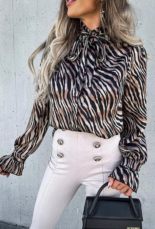 Tiger Print Frill Sleeve Pussy bow Blouse