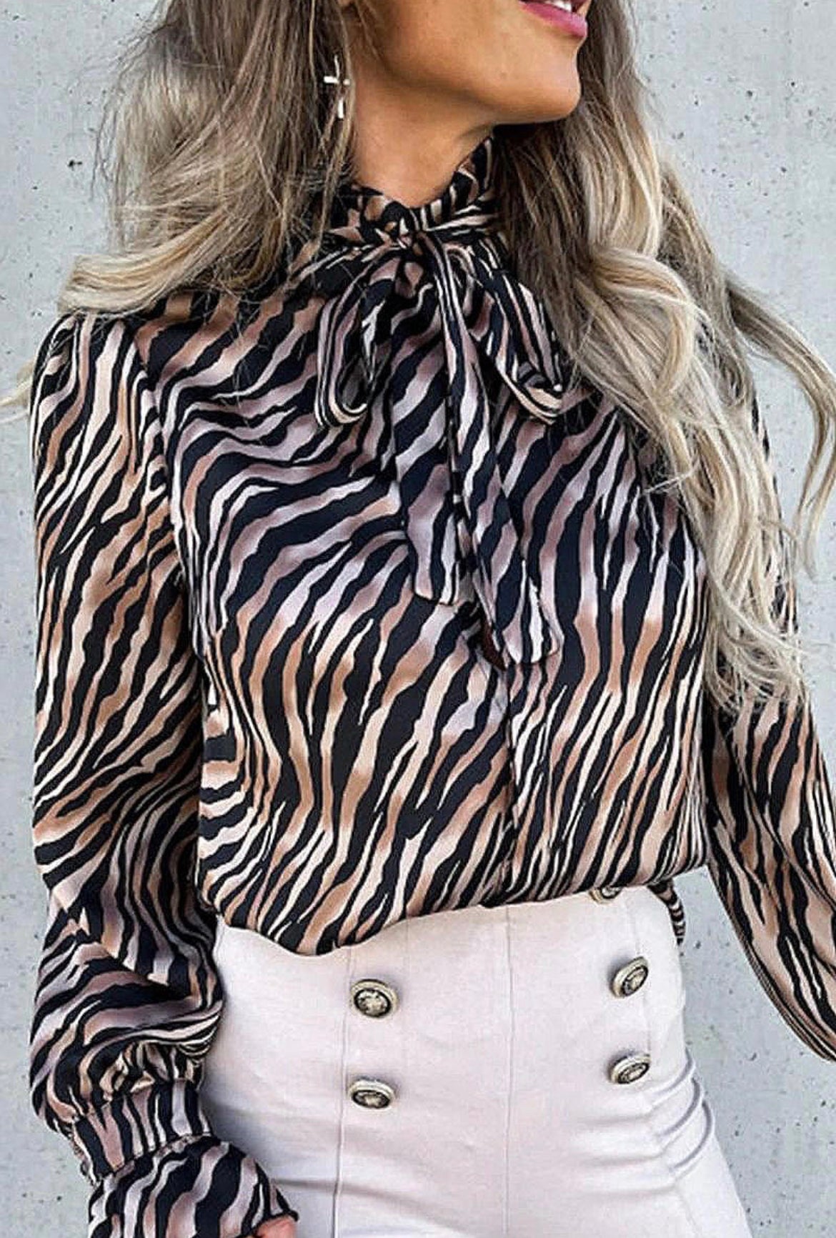 Tiger Print Frill Sleeve Pussy bow Blouse