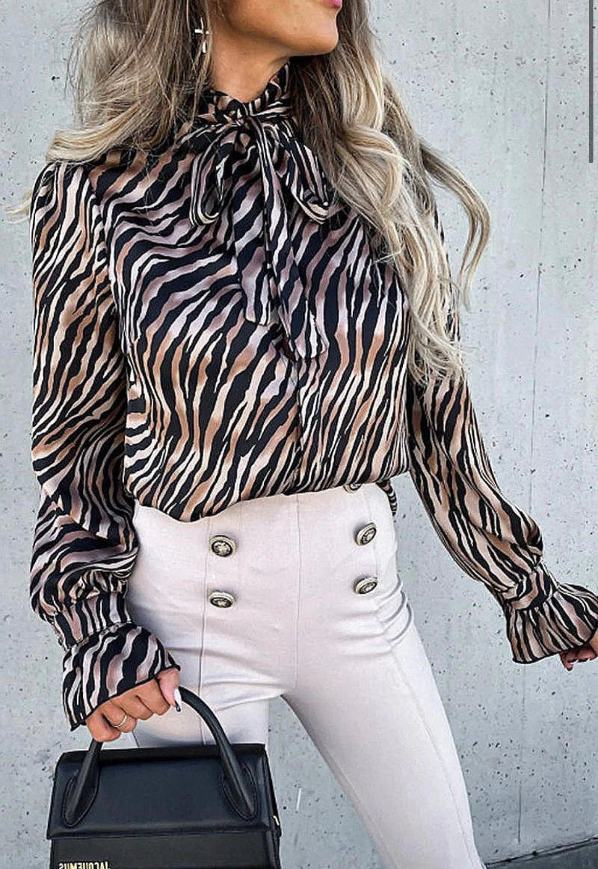 Tiger Print Frill Sleeve Pussy bow Blouse