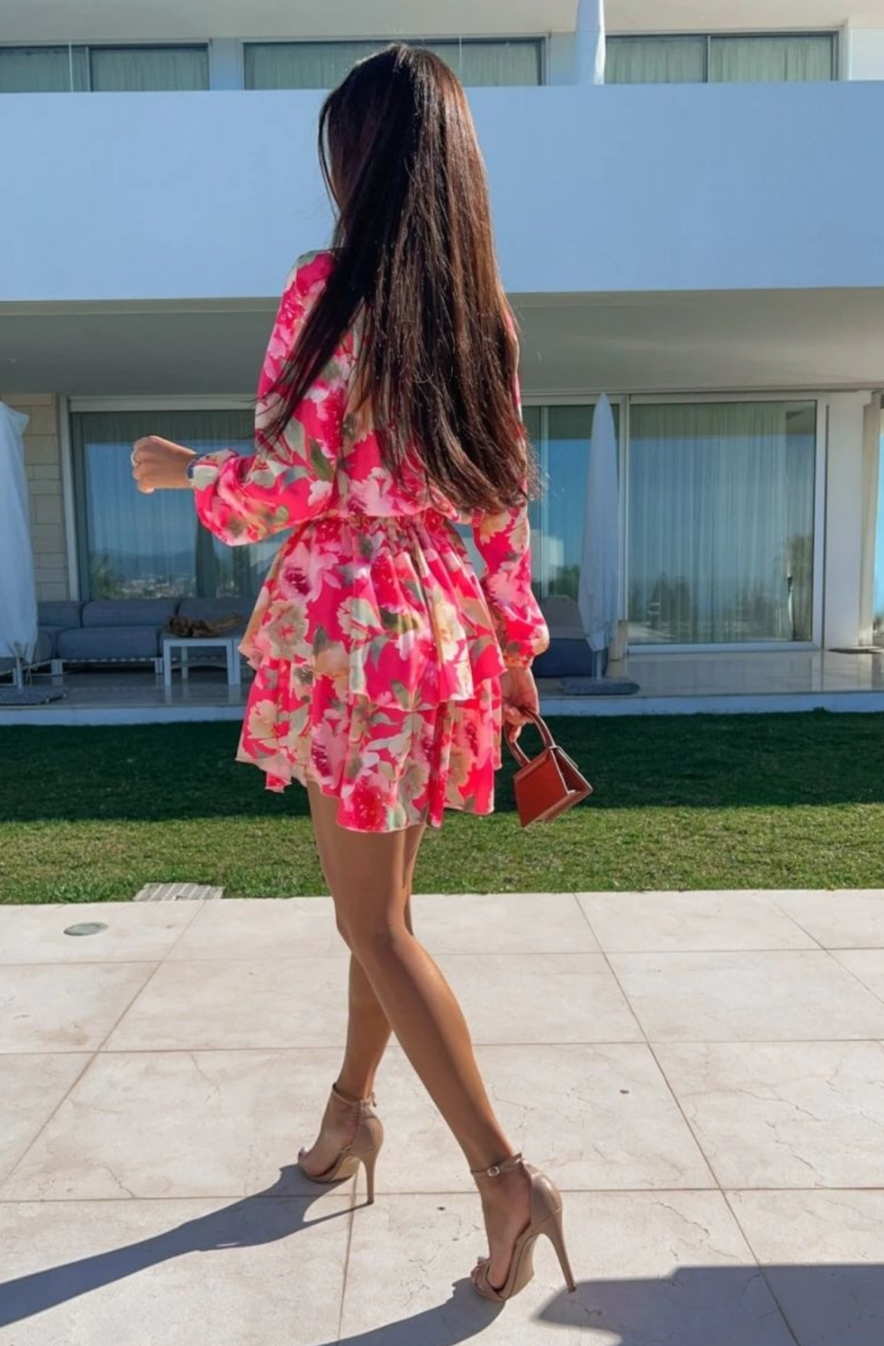 Pink Floral Balloon Sleeve Tiered Skater Dress