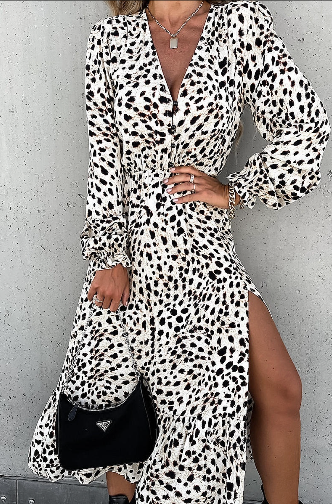 White Leopard Print Thigh Split Long Sleeve Dress