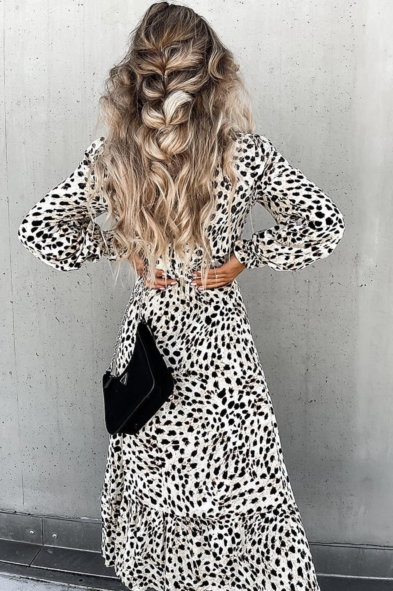 White Leopard Print Thigh Split Long Sleeve Dress