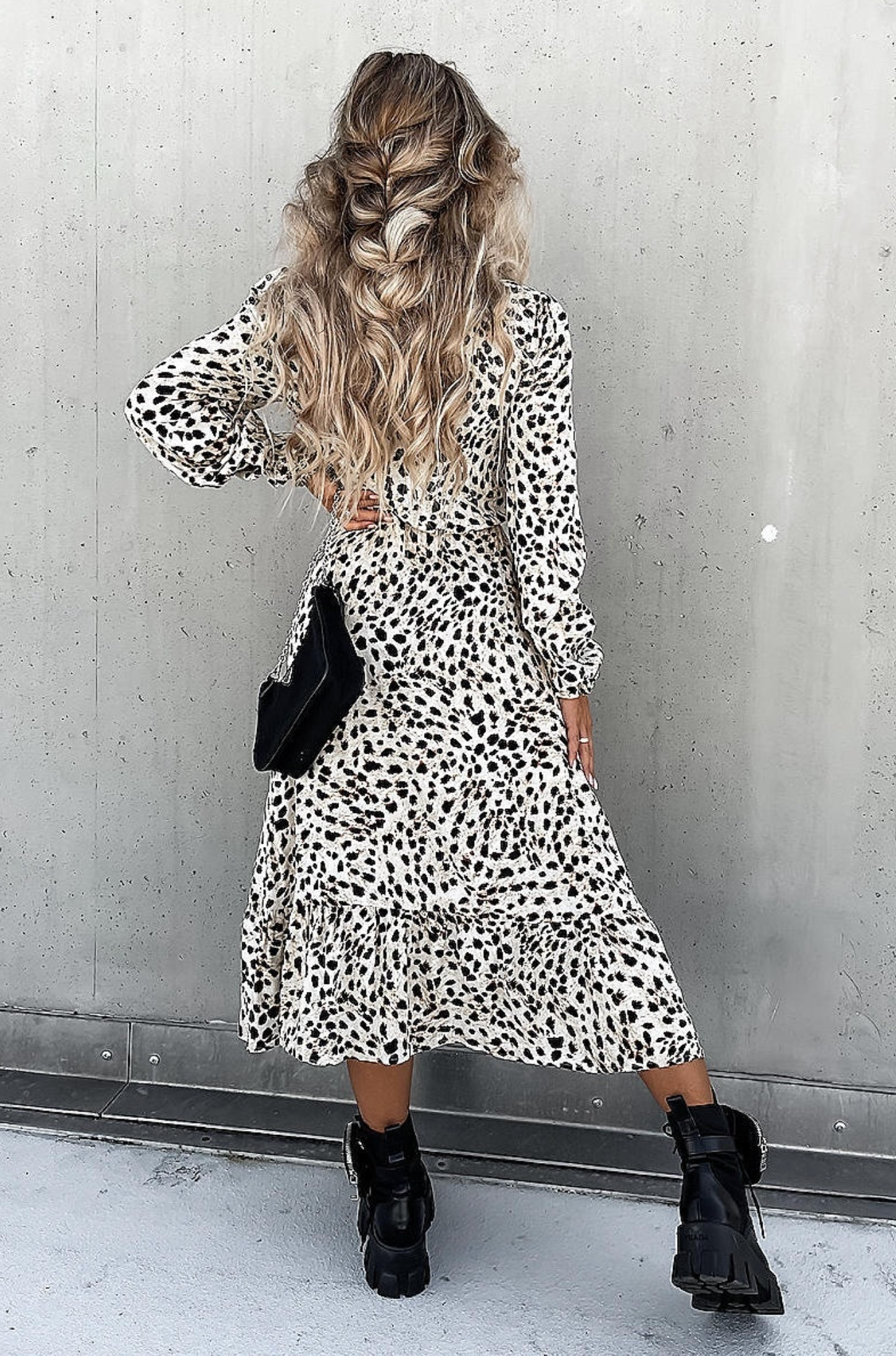 White Leopard Print Thigh Split Long Sleeve Dress