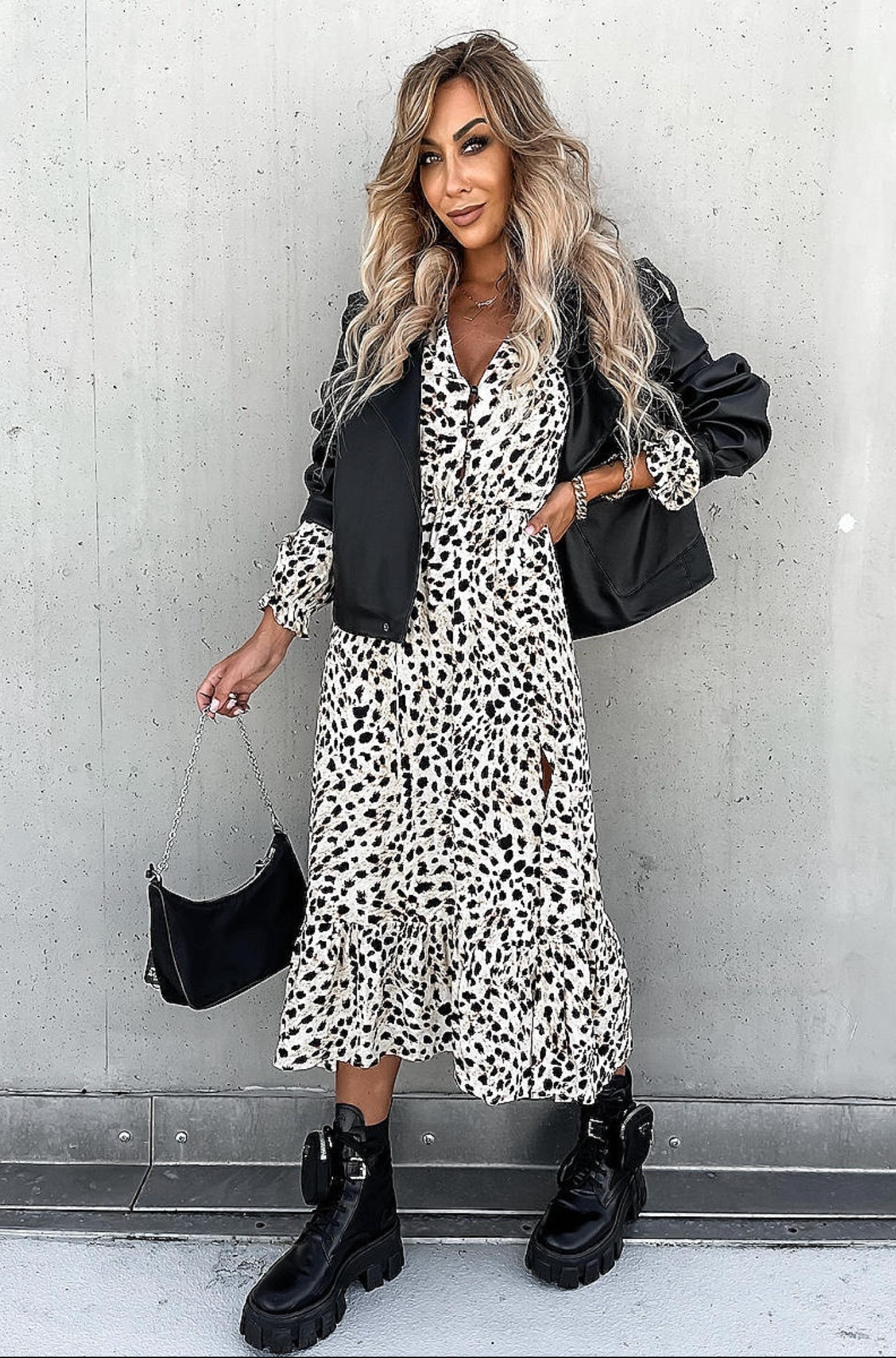 White Leopard Print Thigh Split Long Sleeve Dress