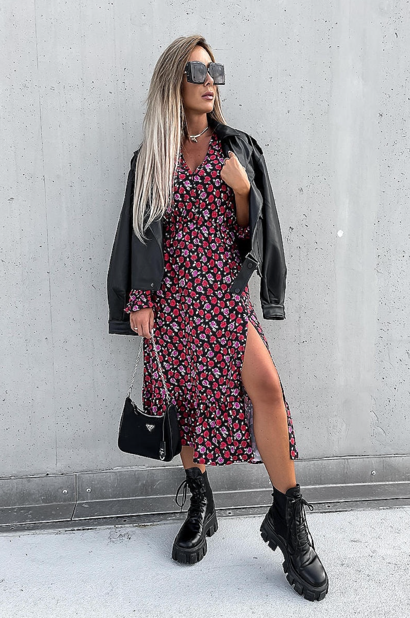 Red Floral Thigh Split Long Sleeve Dress