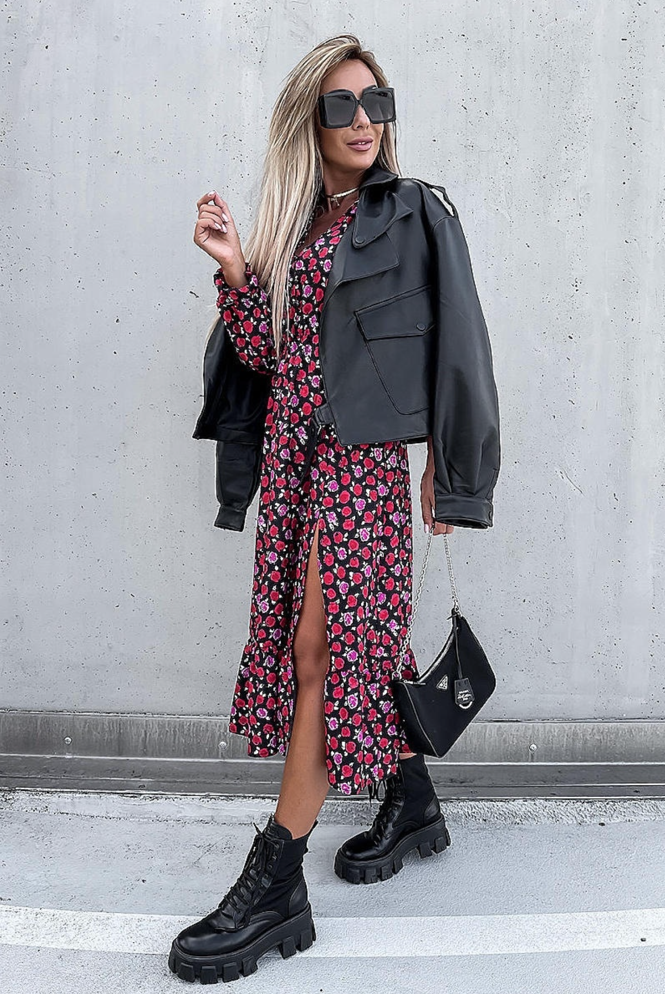 Red Floral Thigh Split Long Sleeve Dress