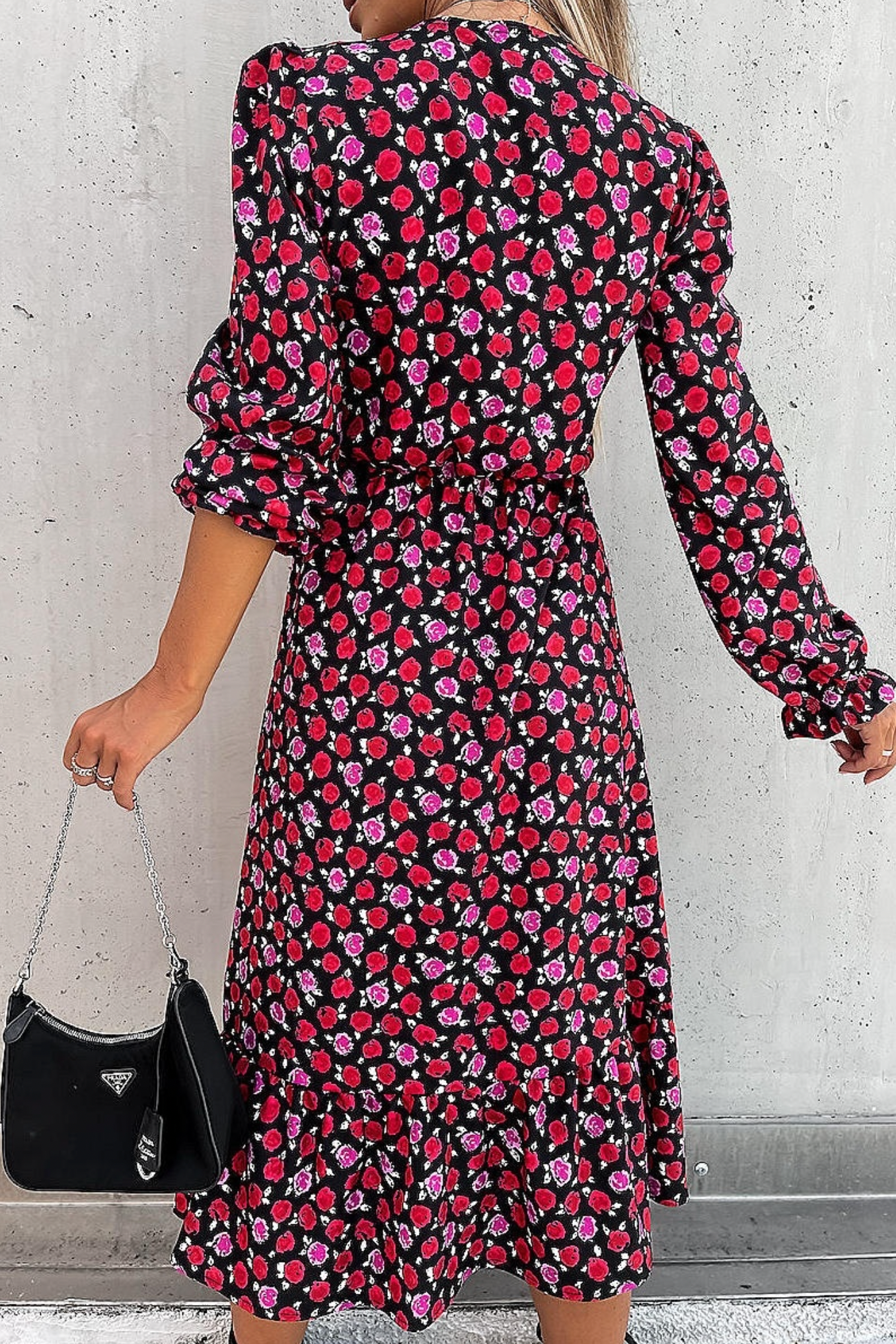 Red Floral Thigh Split Long Sleeve Dress