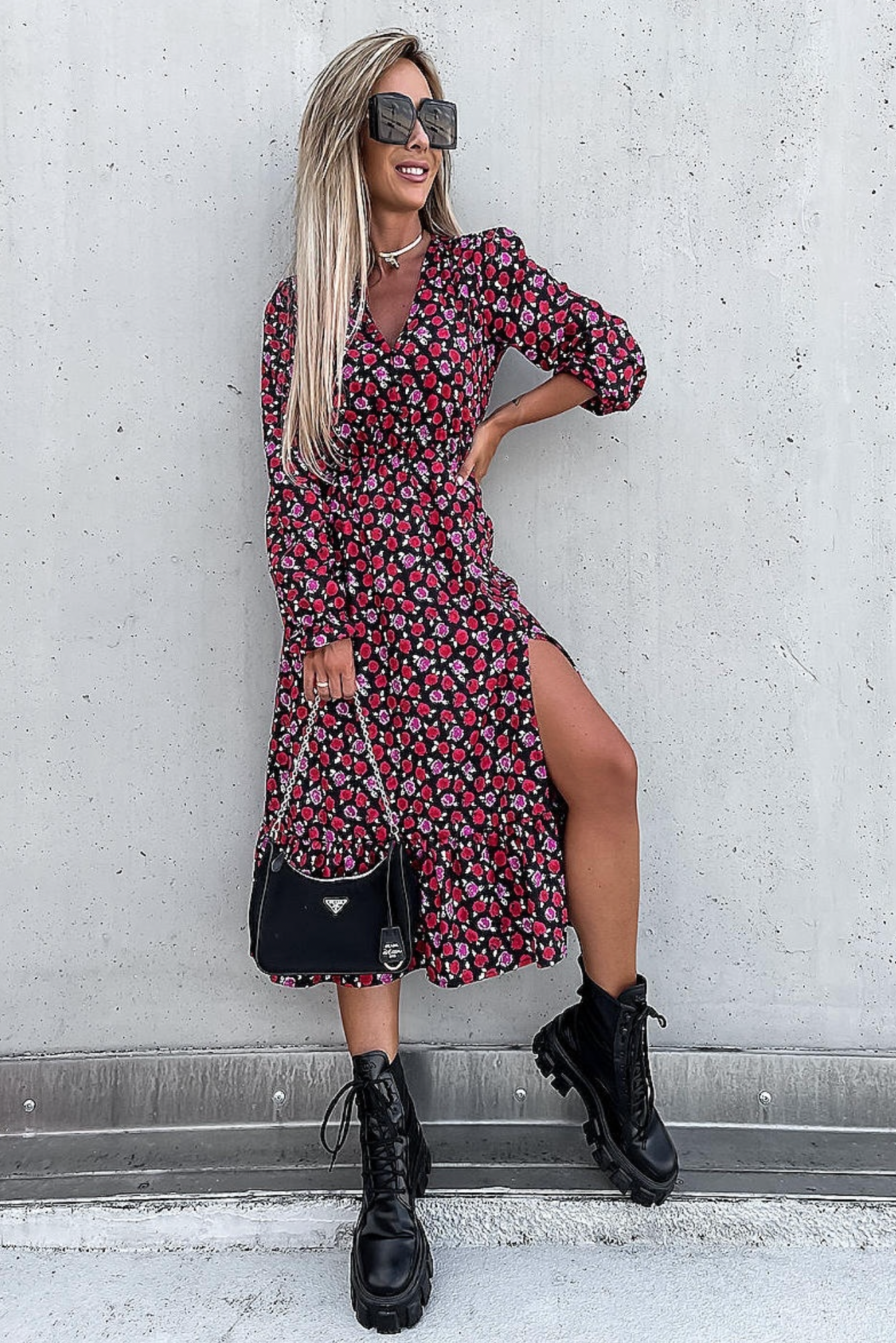 Red Floral Thigh Split Long Sleeve Dress