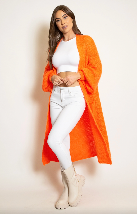 Soft Knit Longline Cardigans With Pockets - Orange