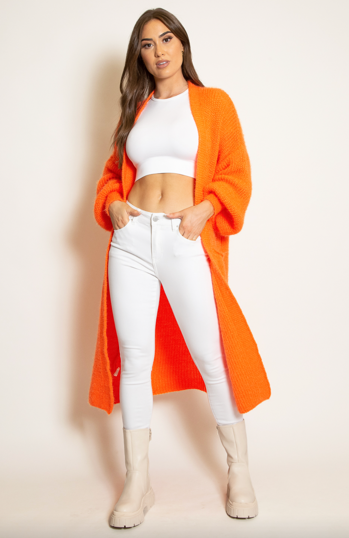 Soft Knit Longline Cardigans With Pockets - Orange