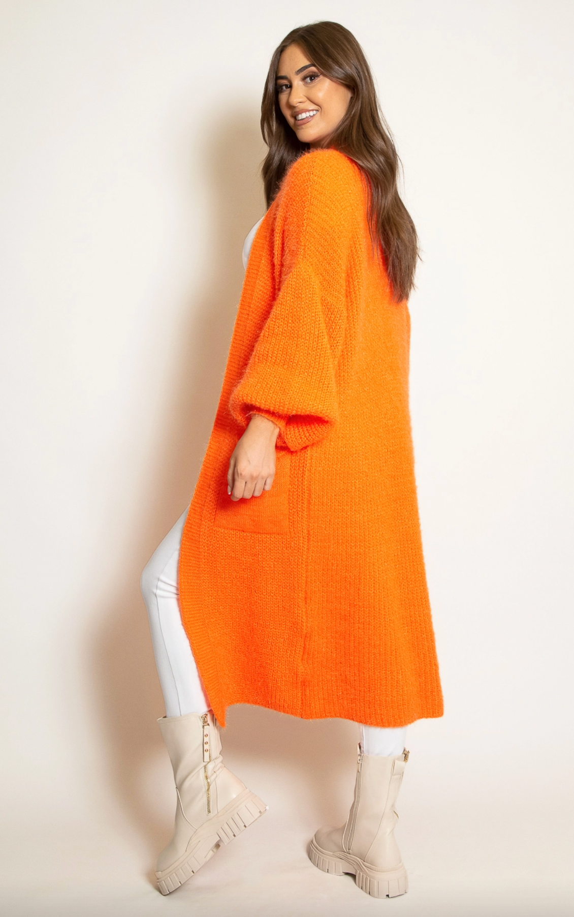 Soft Knit Longline Cardigans With Pockets - Orange