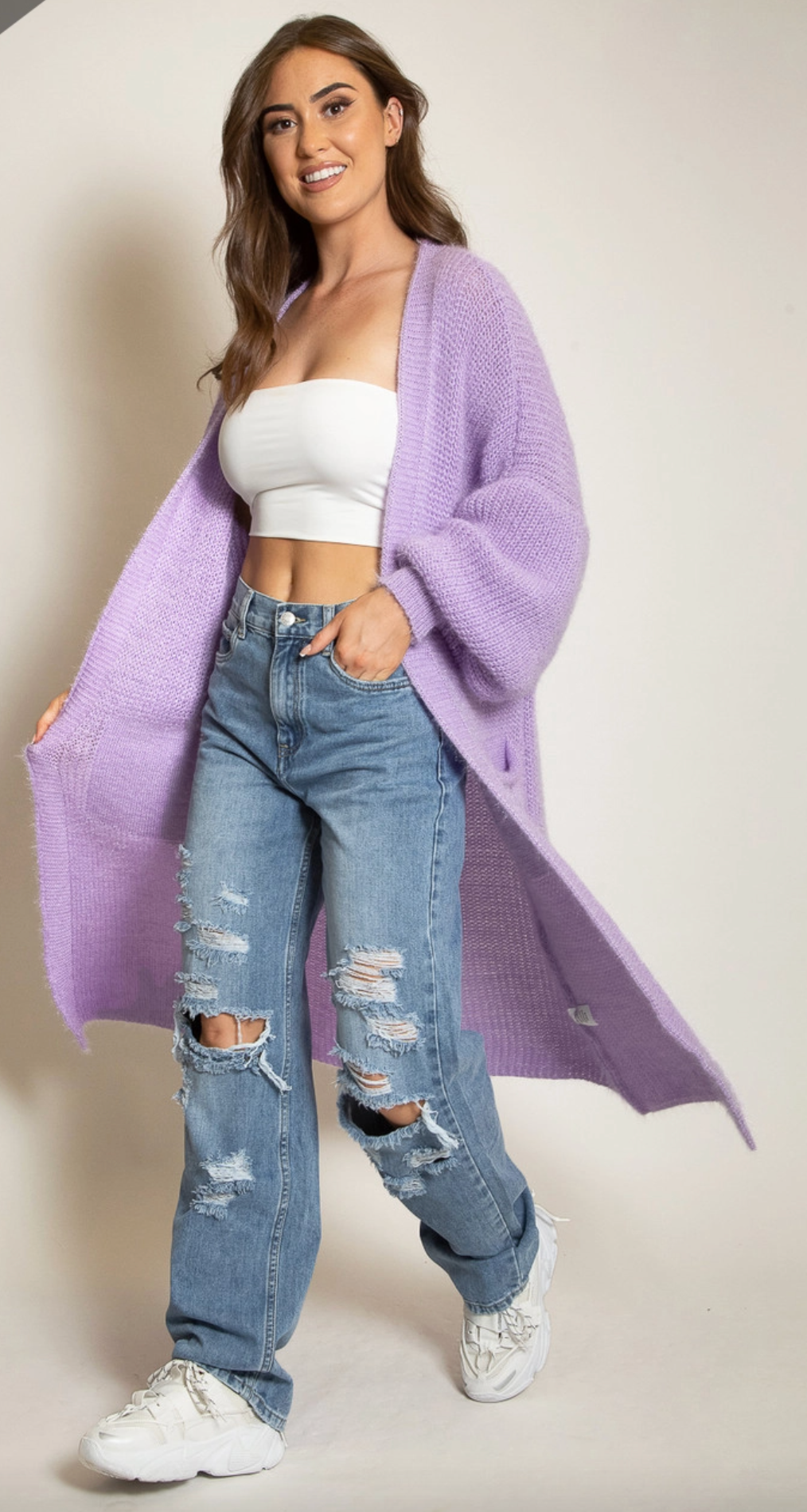 Soft Knit Longline Cardigan With Pockets - Lilac