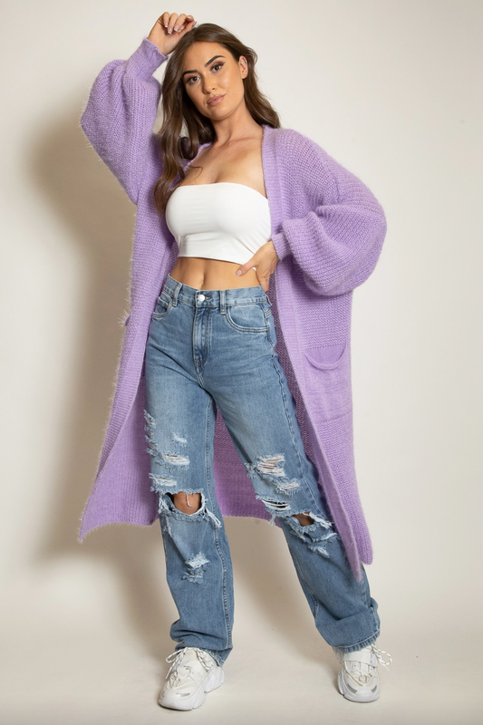 Soft Knit Longline Cardigan With Pockets - Lilac