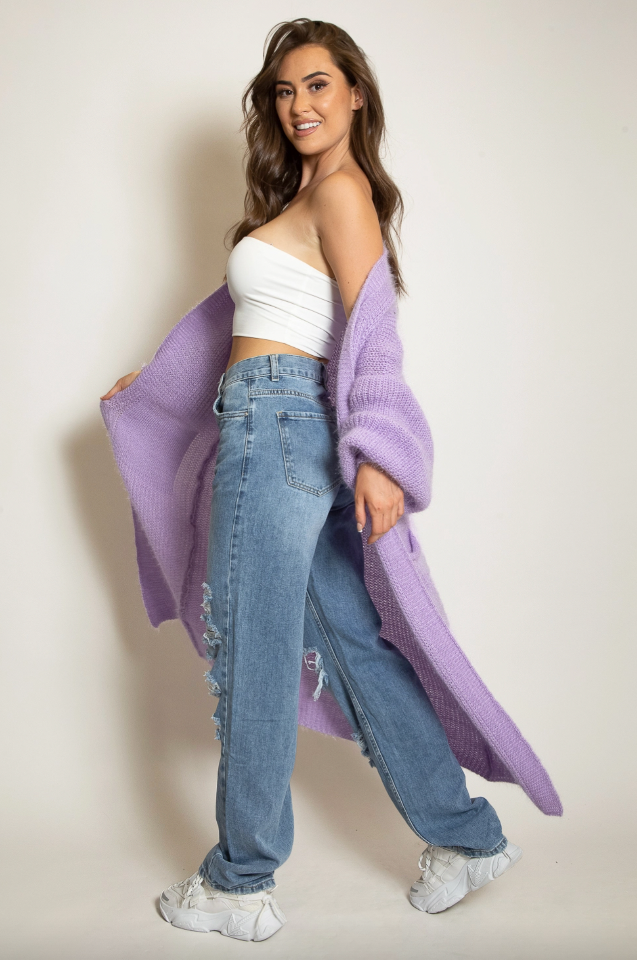 Soft Knit Longline Cardigan With Pockets - Lilac