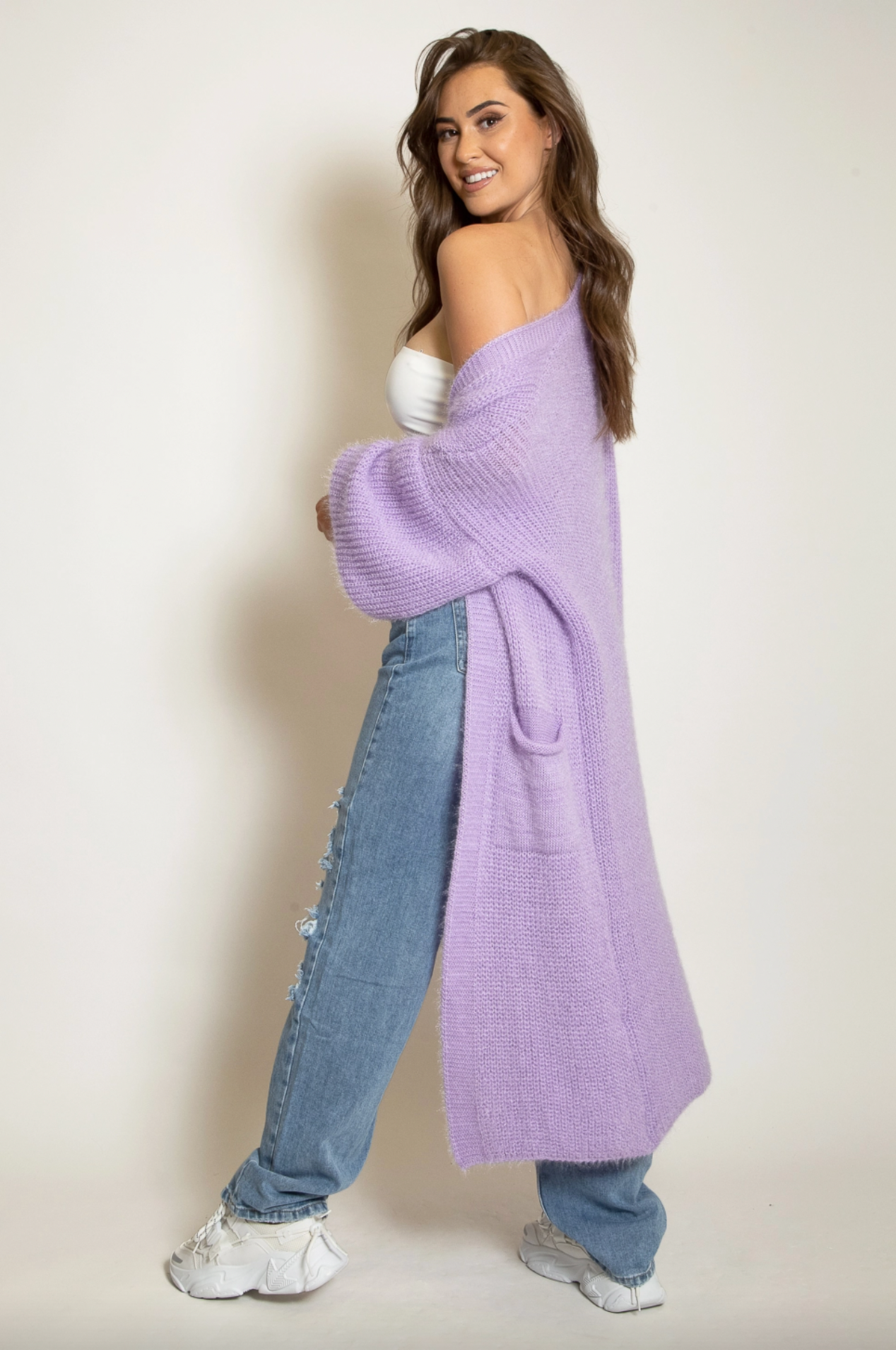 Soft Knit Longline Cardigan With Pockets - Lilac