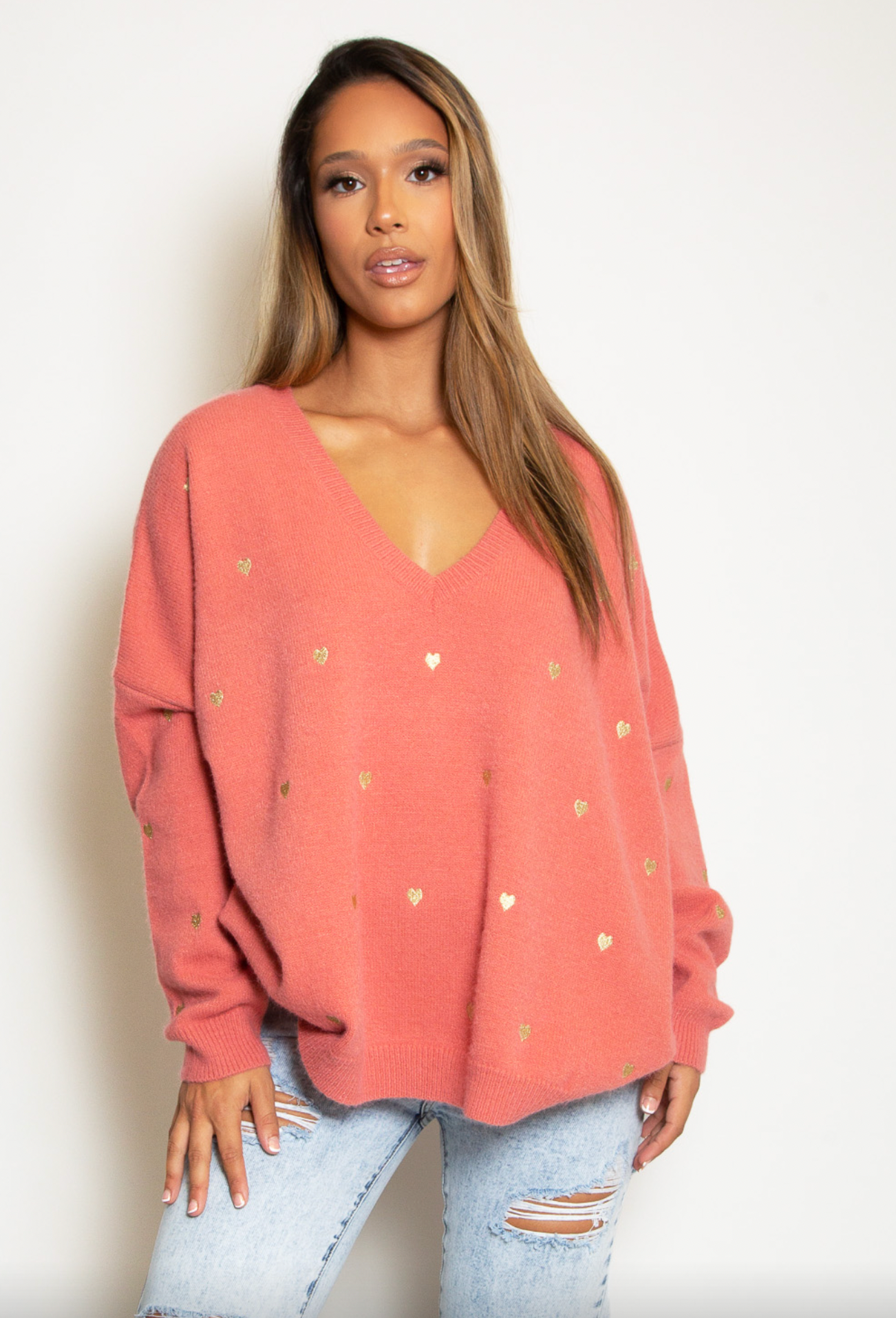 Coral Heart V Neck Jumper