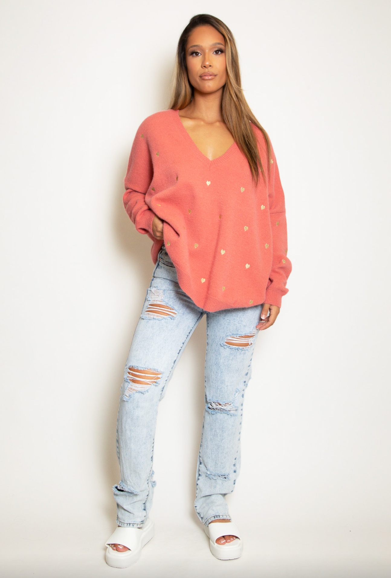 Coral Heart V Neck Jumper