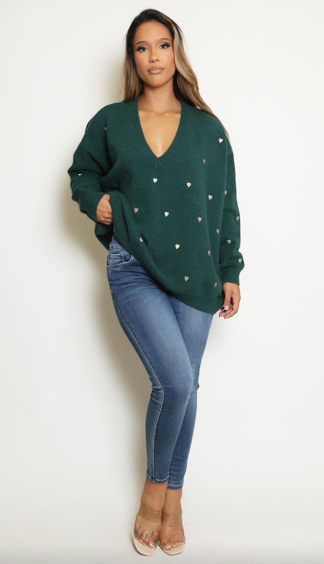 Green Heart V Neck Jumper