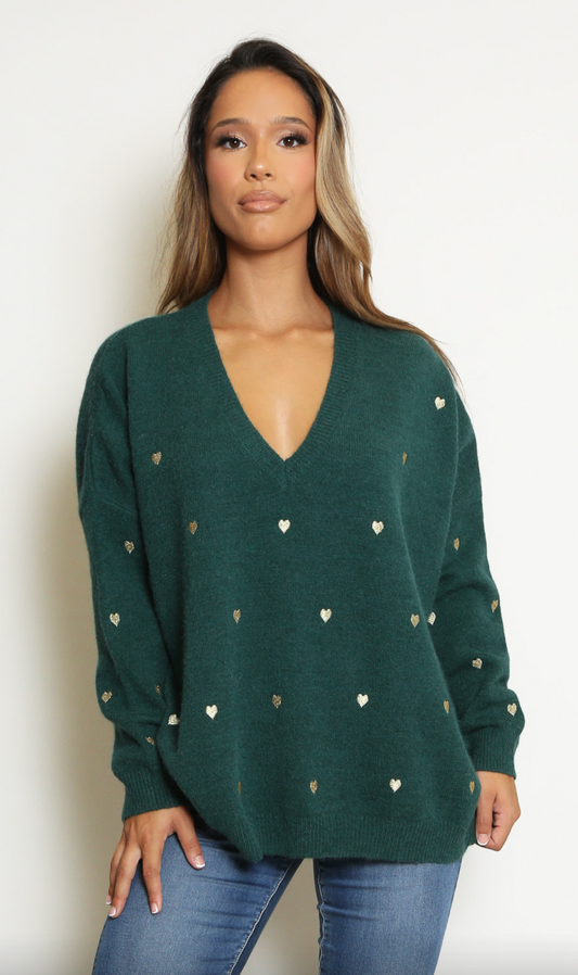 Green Heart V Neck Jumper