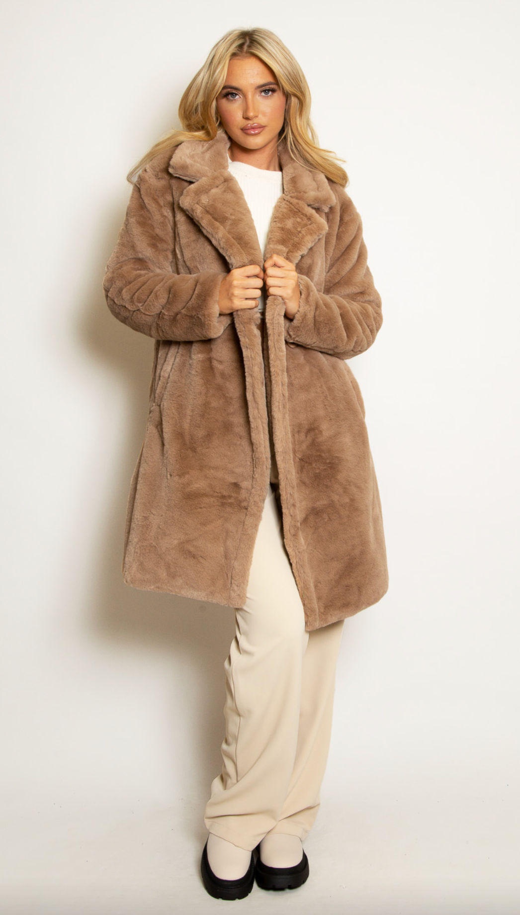 Caramel "Rachel" Faux Fur Double Button Coat