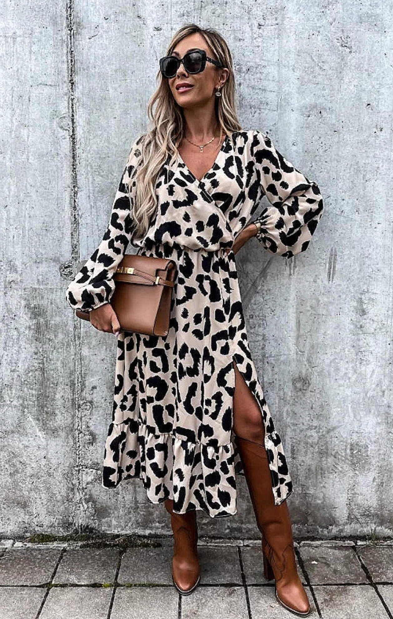 Beige with Black Leopard Detail Thigh Split Midi Dress