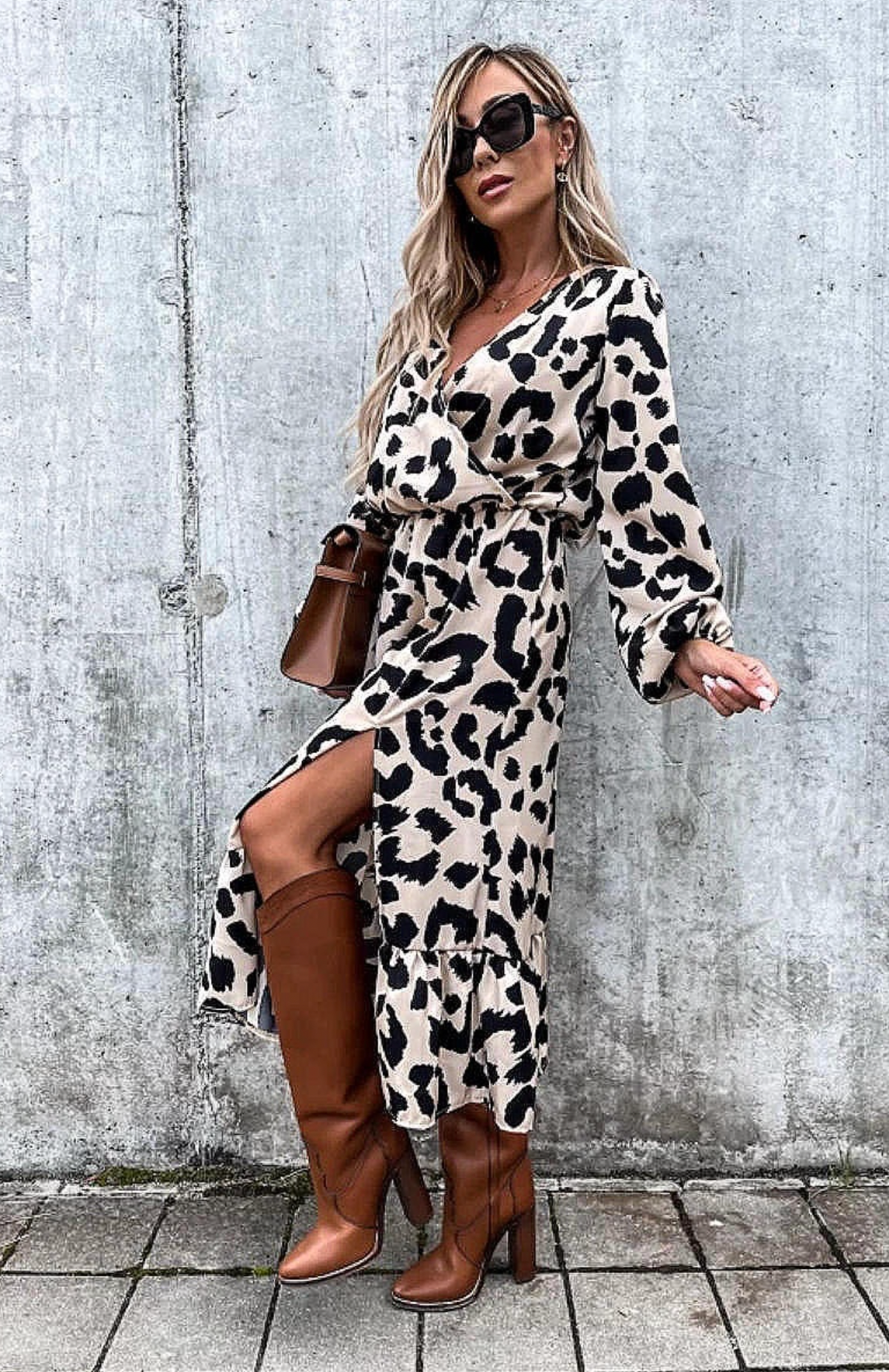 Beige with Black Leopard Detail Thigh Split Midi Dress