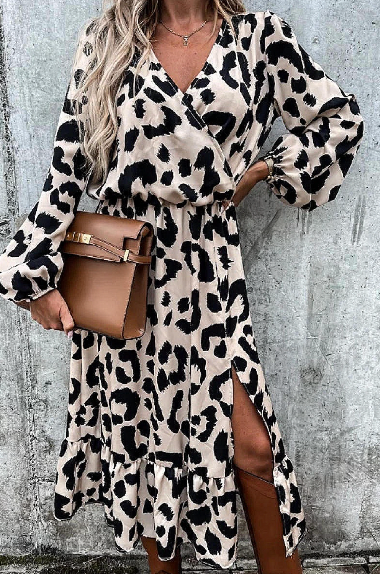 Beige with Black Leopard Detail Thigh Split Midi Dress