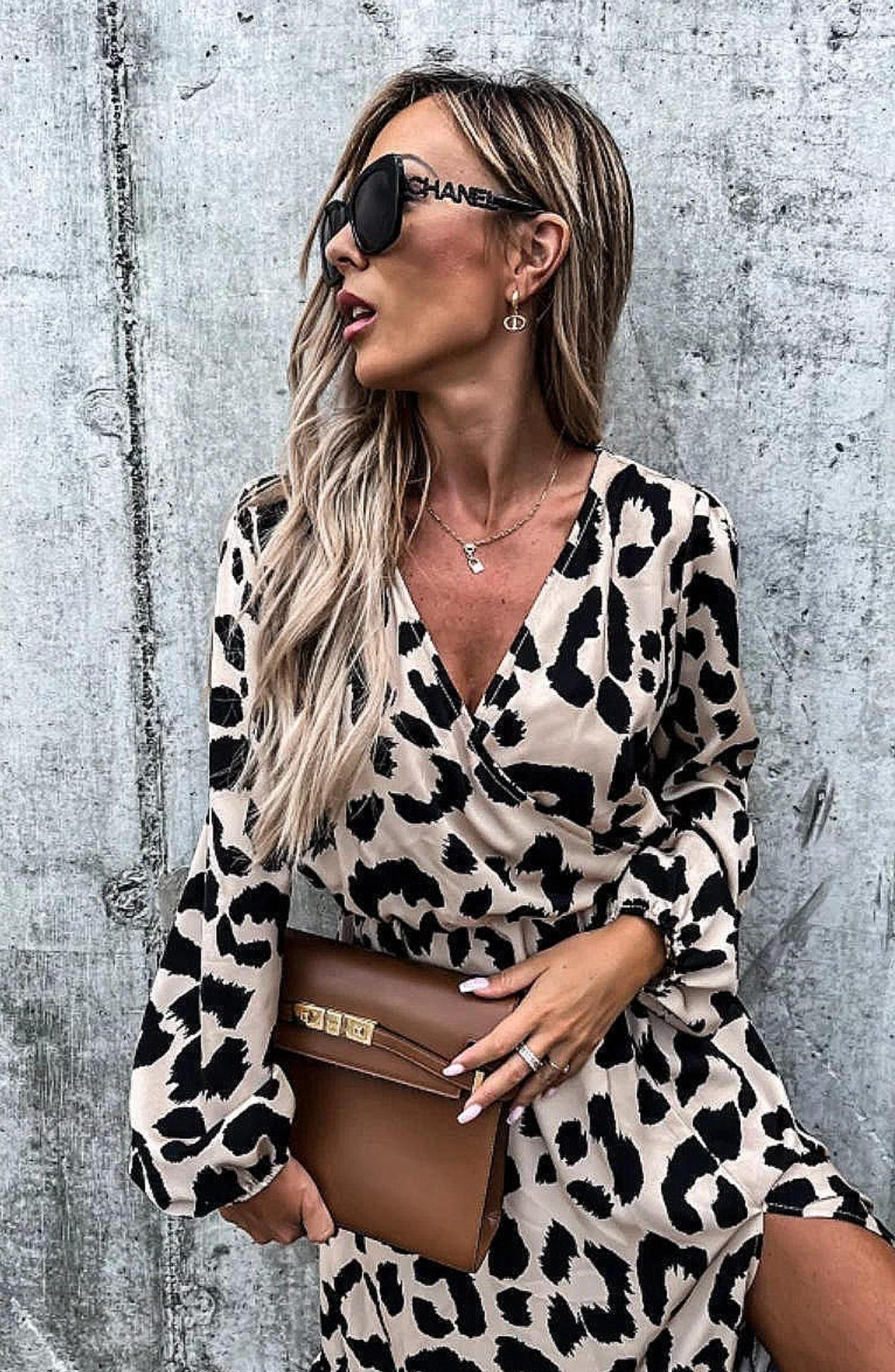 Beige with Black Leopard Detail Thigh Split Midi Dress