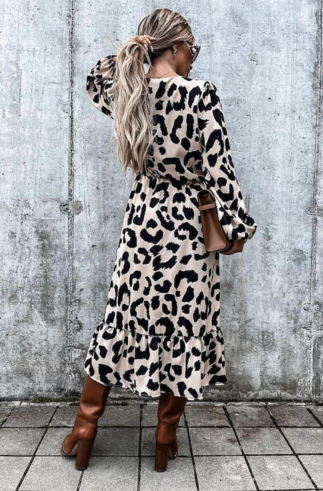 Beige with Black Leopard Detail Thigh Split Midi Dress