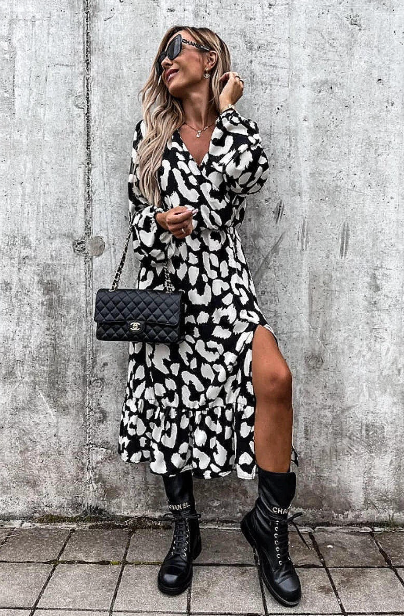 Black + White Leopard Thigh Split Dress