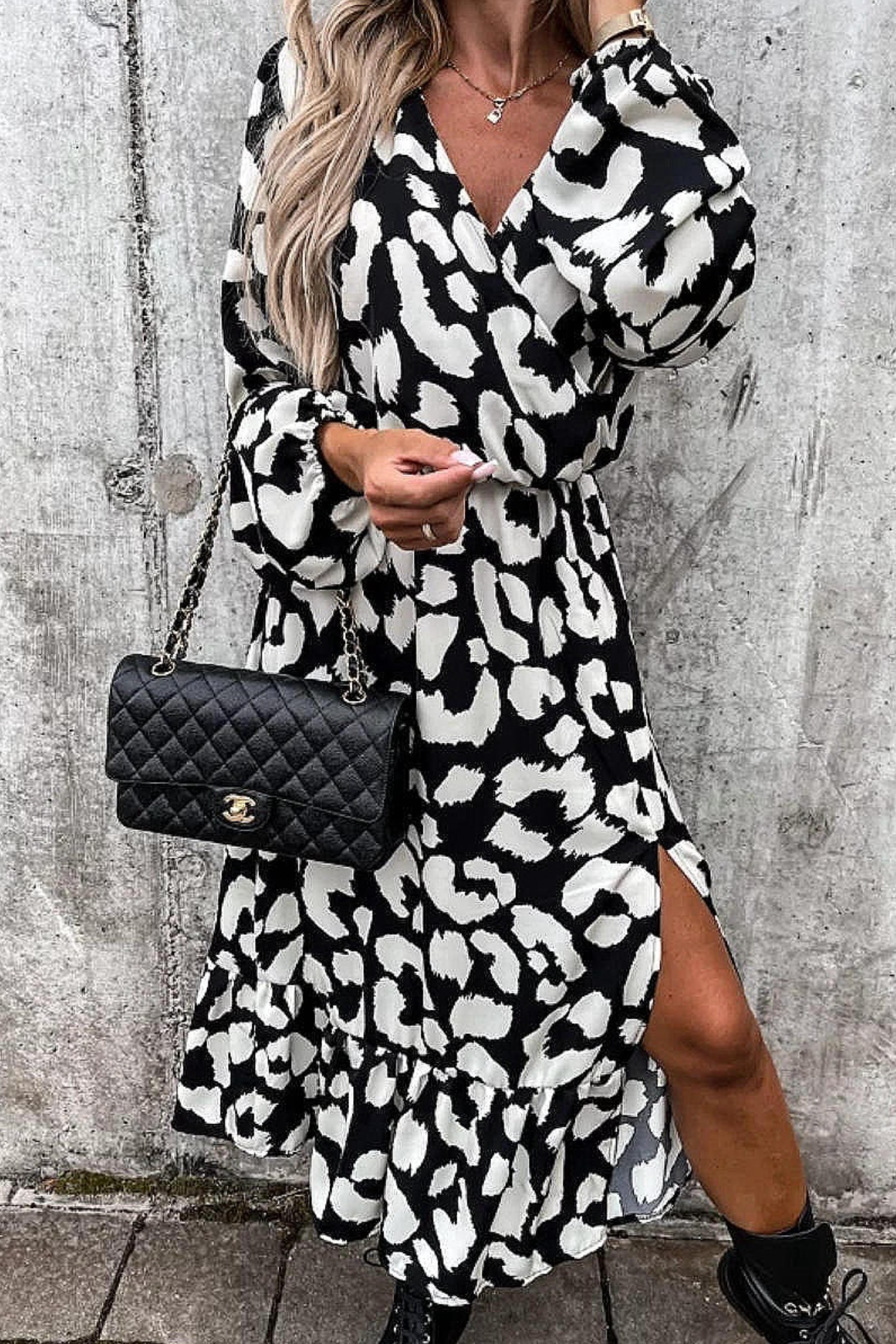 Black + White Leopard Thigh Split Dress