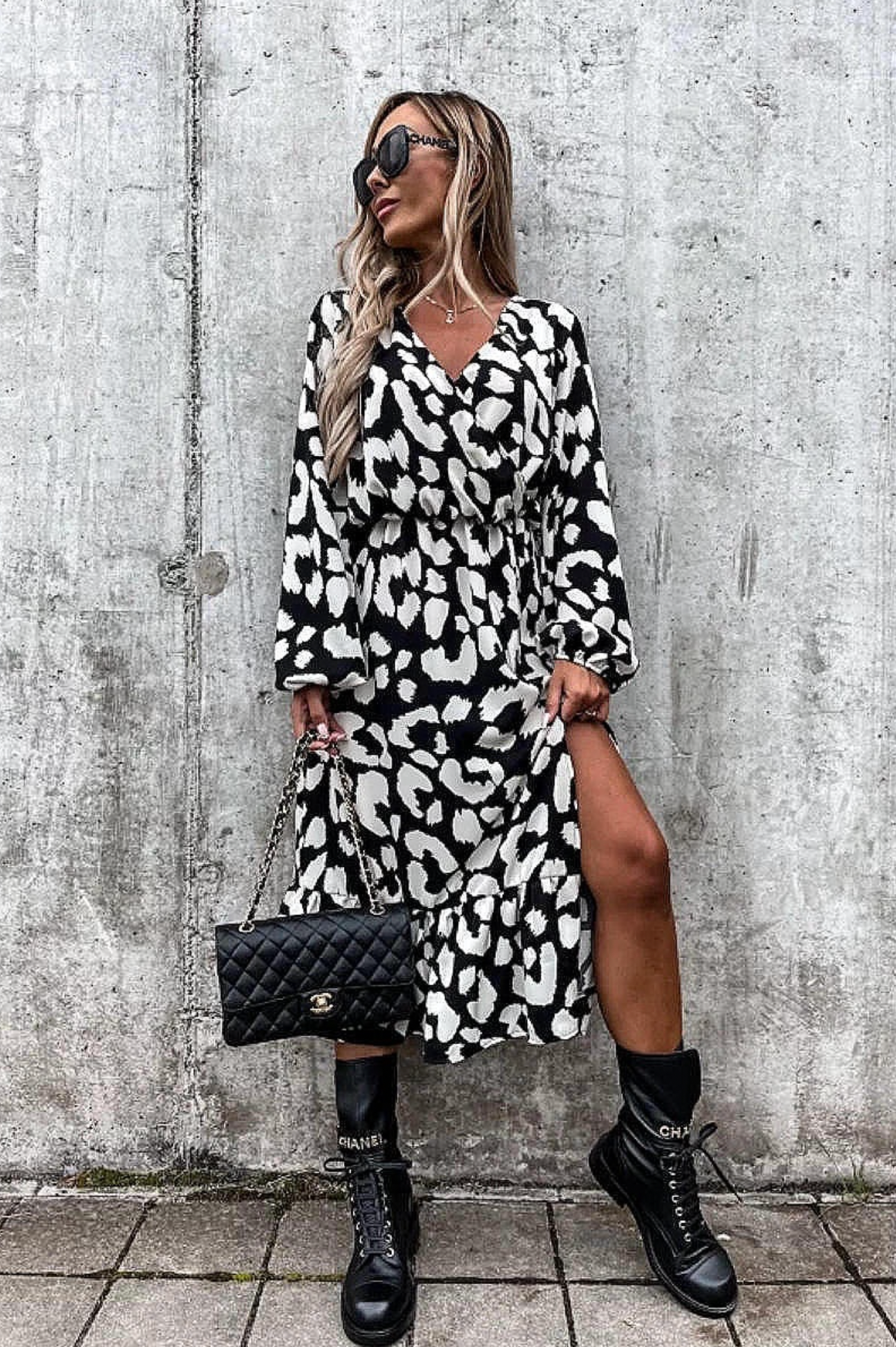 Black + White Leopard Thigh Split Dress