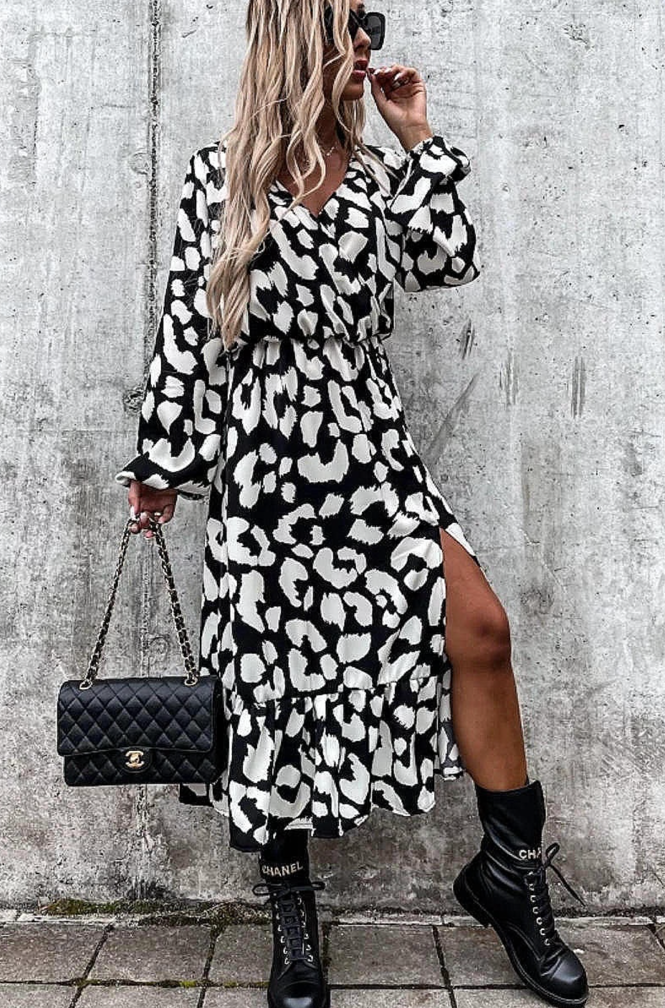 Black + White Leopard Thigh Split Dress