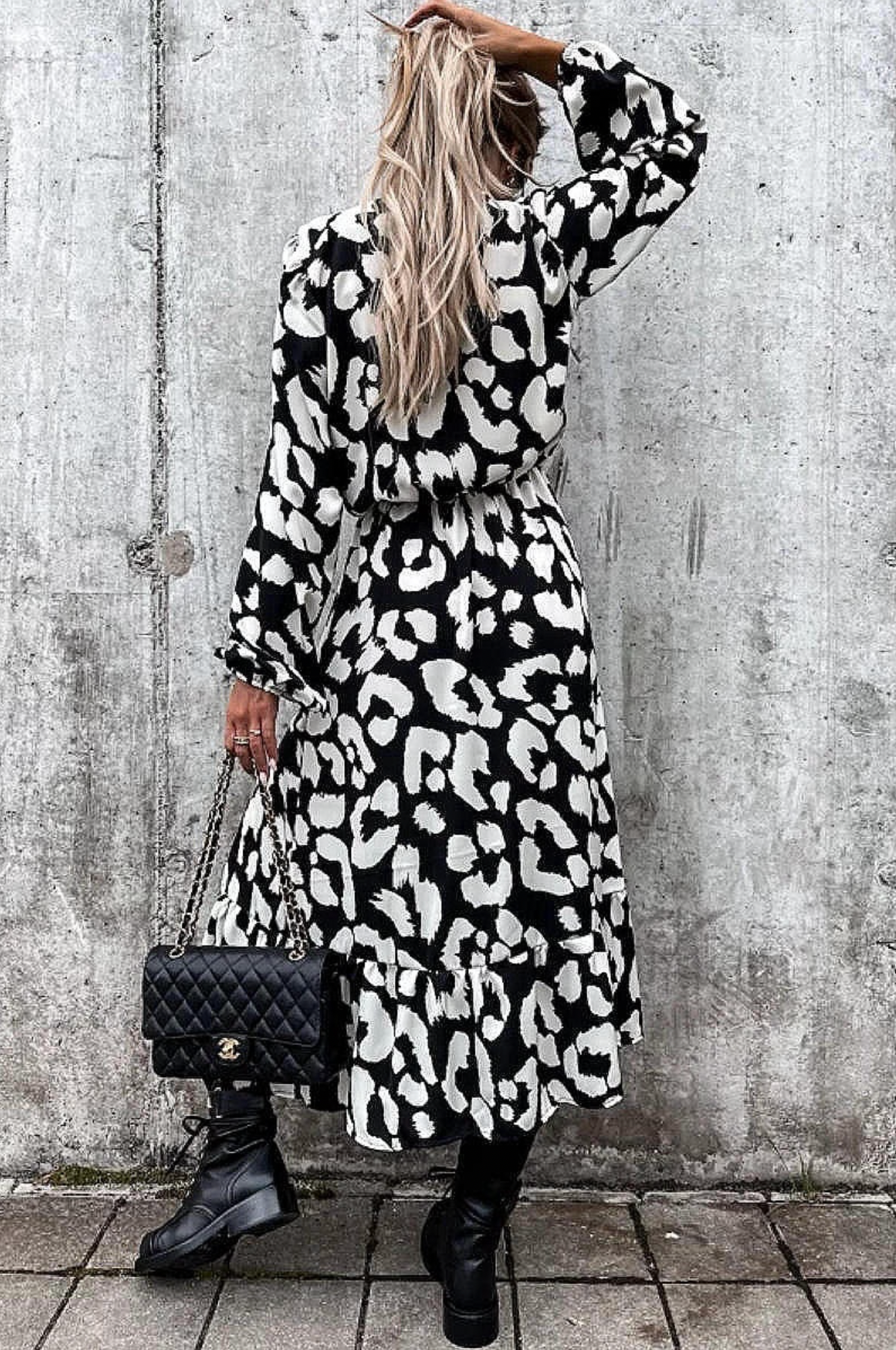 Black + White Leopard Thigh Split Dress