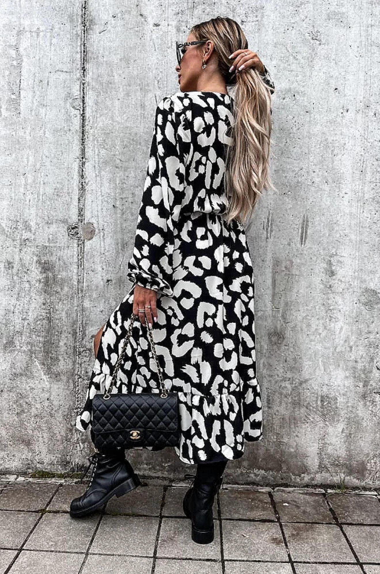 Black + White Leopard Thigh Split Dress