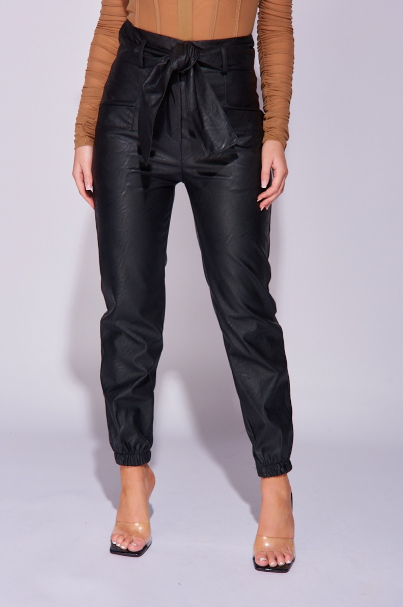 Black Faux Leather Wide Belt Trousers