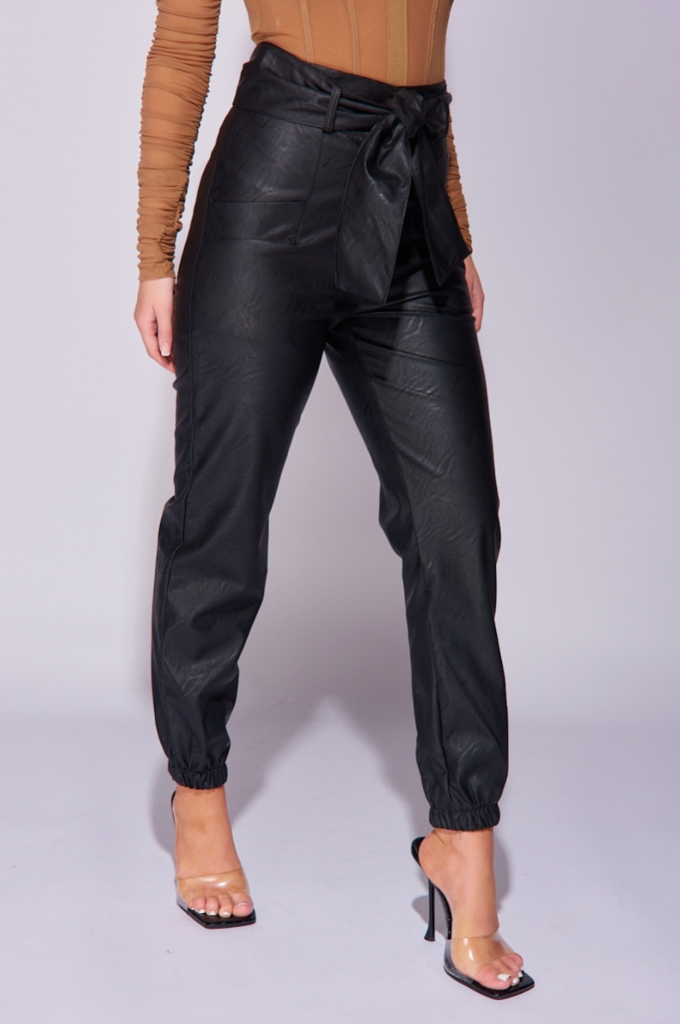 Black Faux Leather Wide Belt Trousers