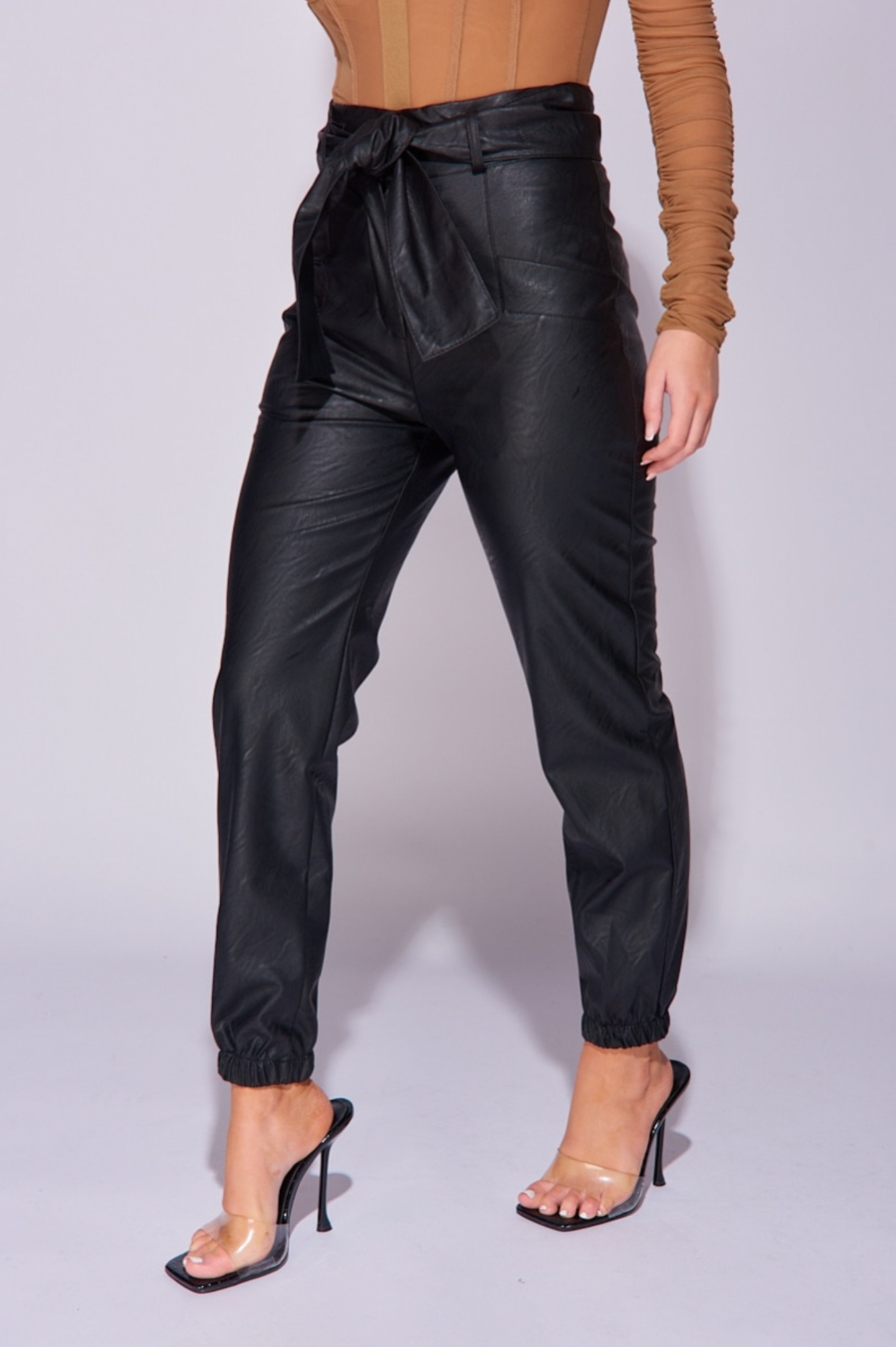 Black Faux Leather Wide Belt Trousers