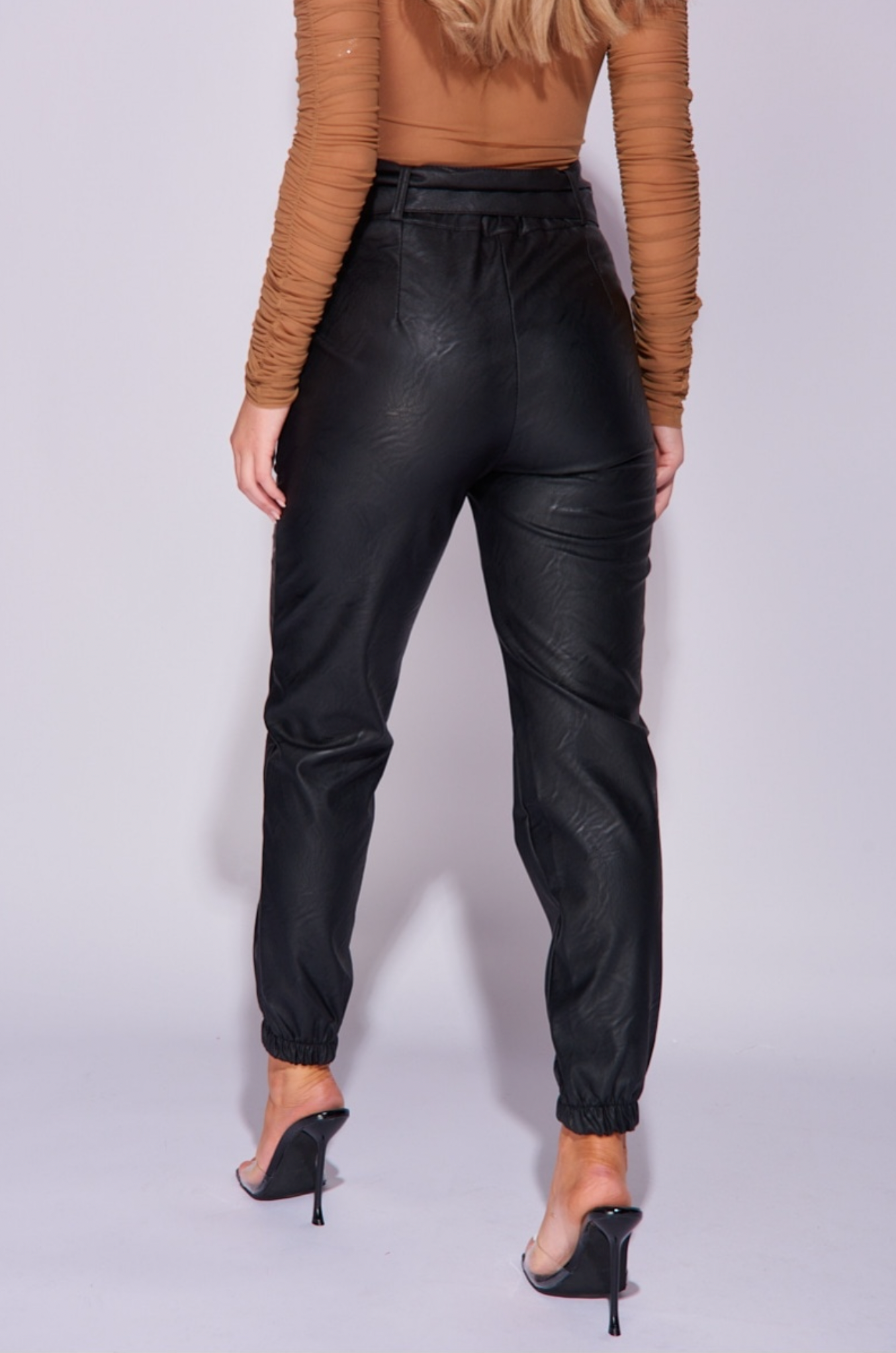 Black Faux Leather Wide Belt Trousers