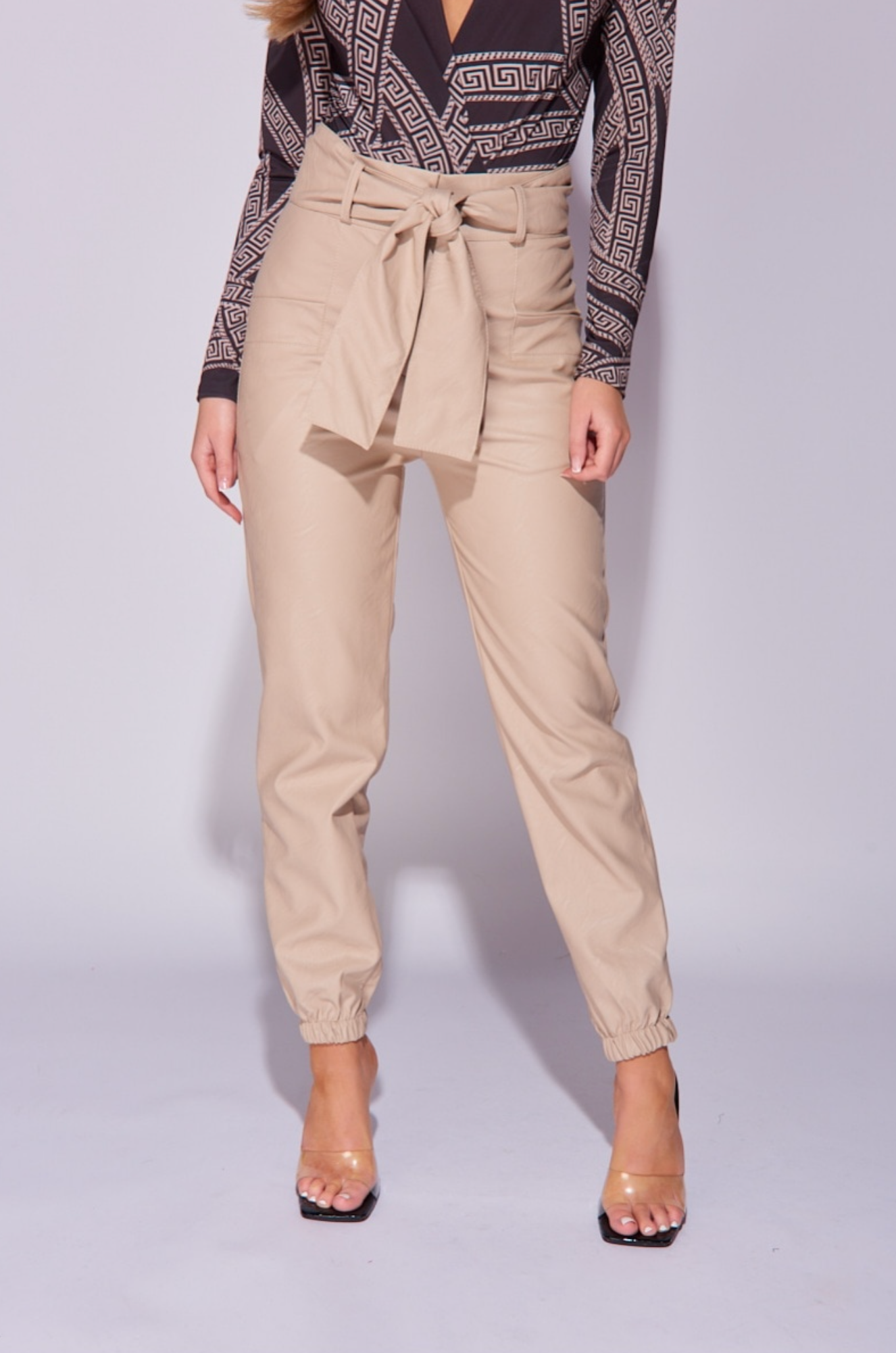 Beige Faux Leather Wide Belt Trousers