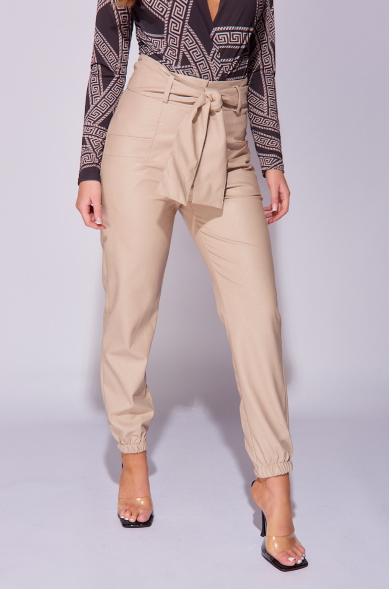 Beige Faux Leather Wide Belt Trousers