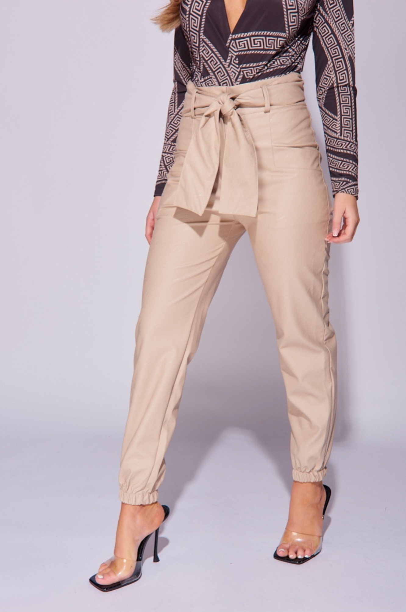 Beige Faux Leather Wide Belt Trousers