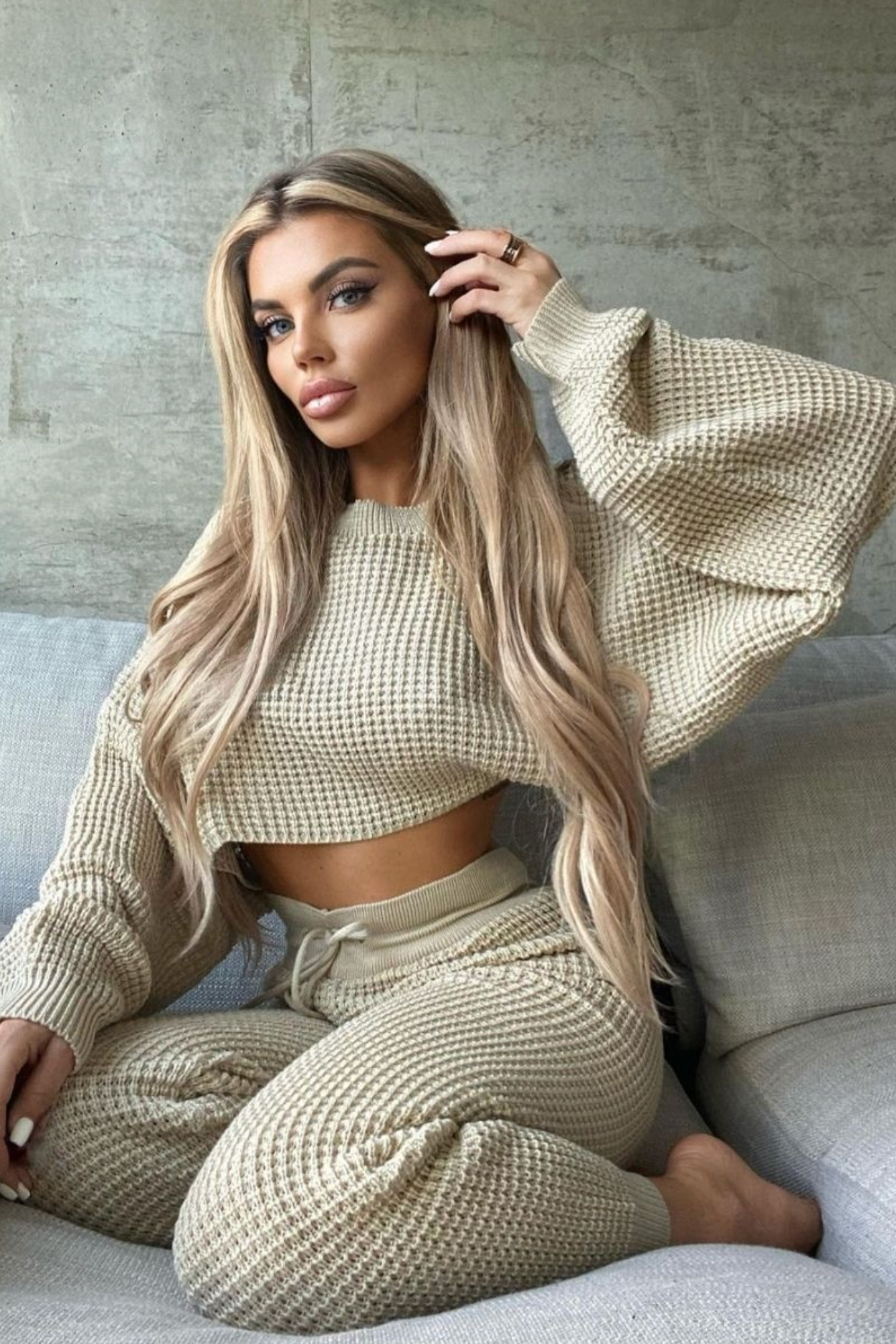 Beige Waffle Knit Lounge Set