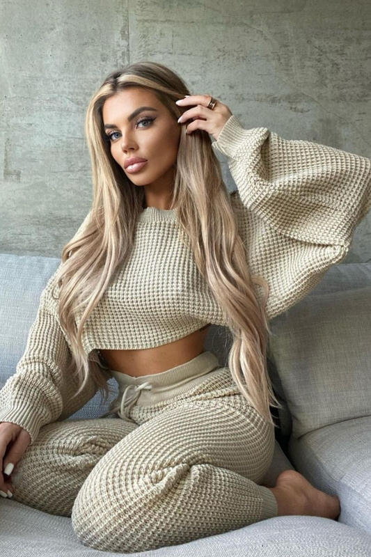 Beige Waffle Knit Lounge Set