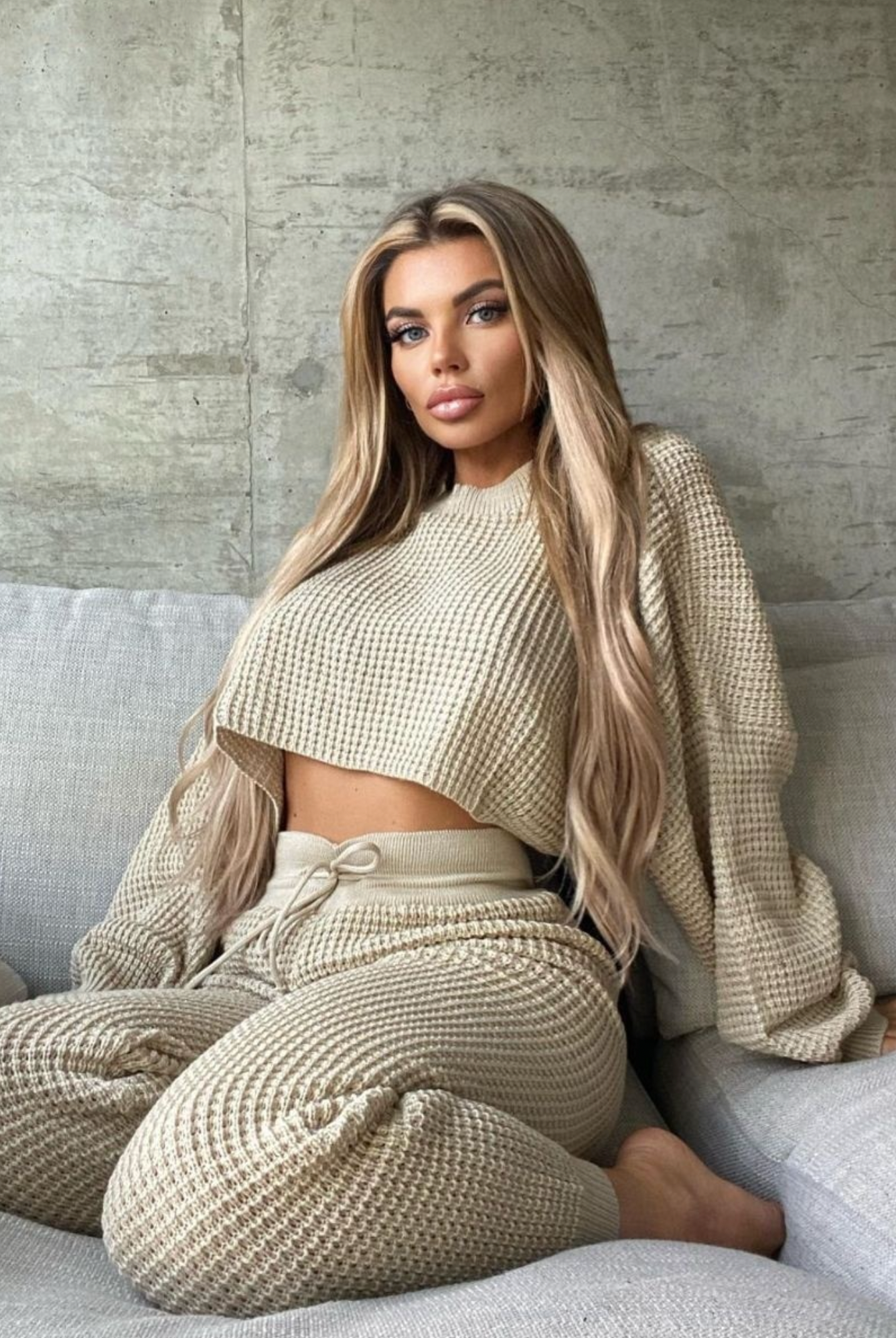 Beige Waffle Knit Lounge Set