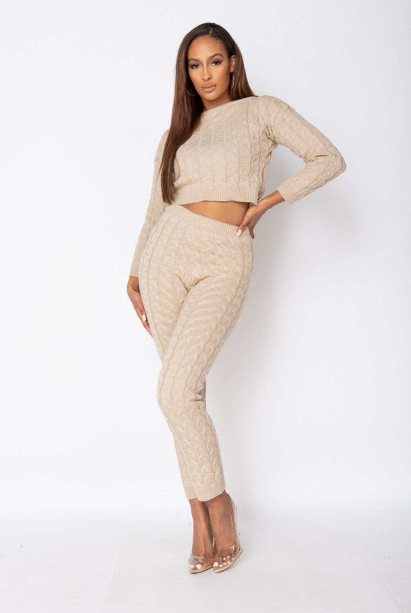 Cable Knit Jogger Lounge Set - Beige