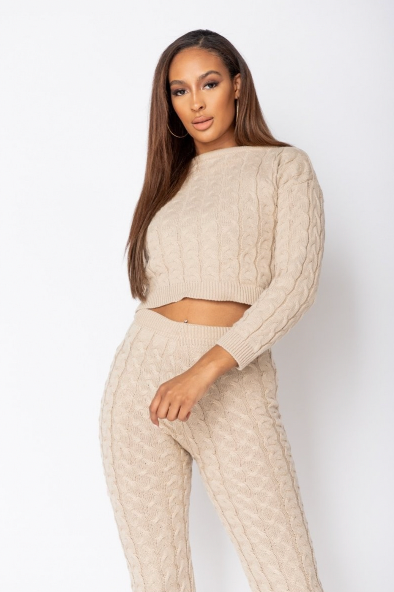 Cable Knit Jogger Lounge Set - Beige