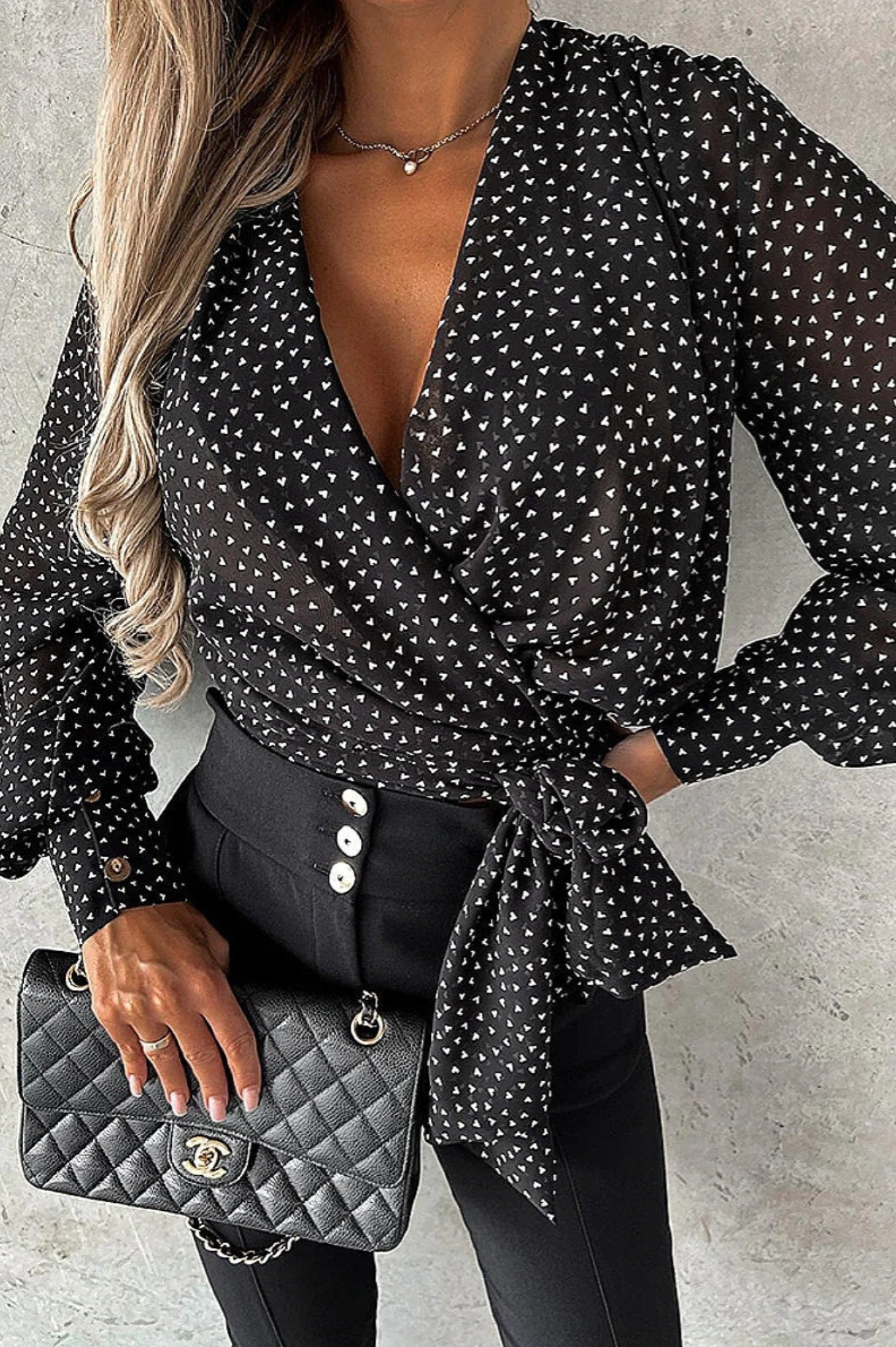 Black and White Heart Print Balloon Sleeve Wrapover Blouse