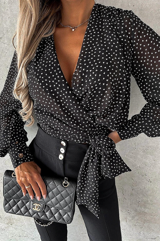 Black and White Heart Print Balloon Sleeve Wrapover Blouse